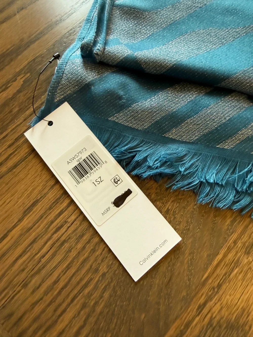 Calvin Klein Teal and Silver geometric Zebra-Stripe Wrap Scarf